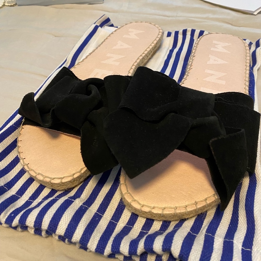 Manebi Hamptons Flat Sandal with Bow in Black